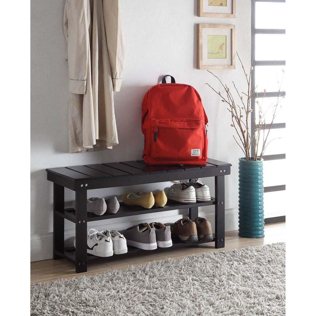 black entryway bench with shoe storage
