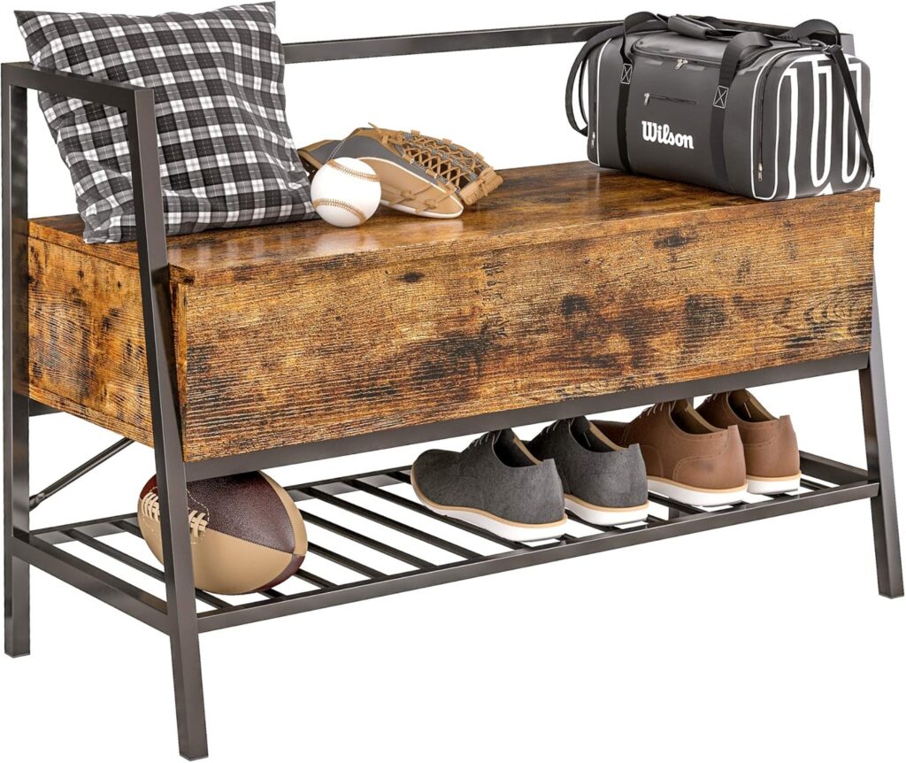 Industrial wood entryway storage bench with shoe rack