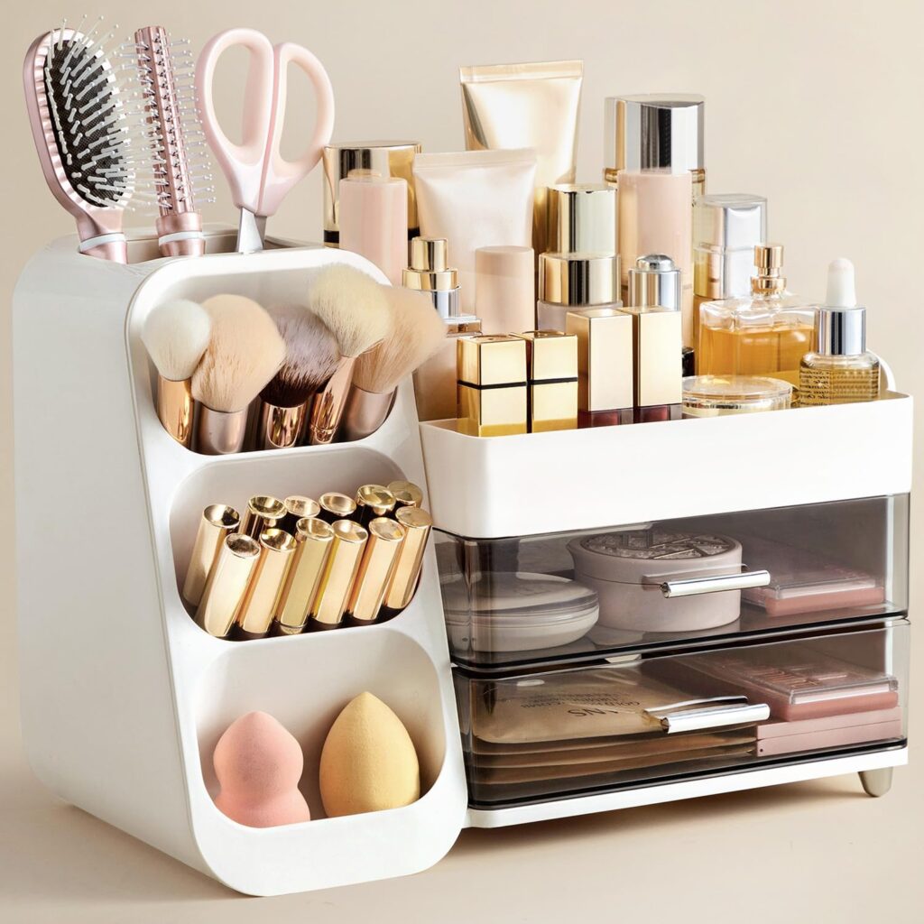Makeup organizer with brush holder for vanity