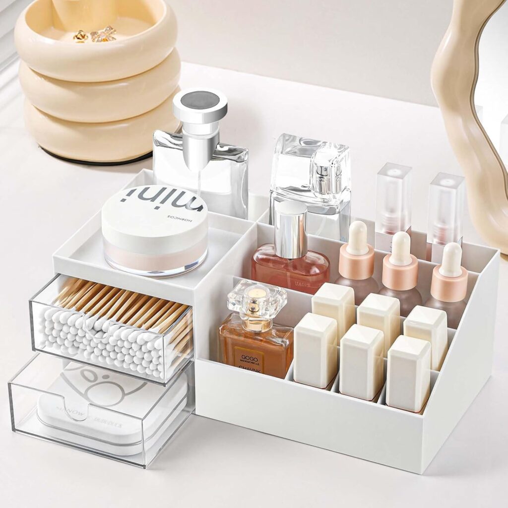 white compact makeup organizer to maximize space