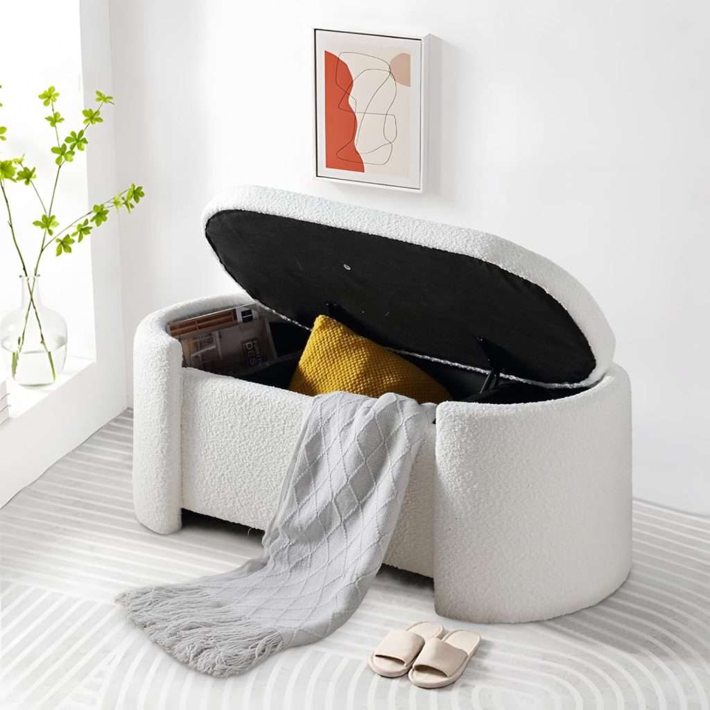 White Boucle Storage Ottoman Bench
