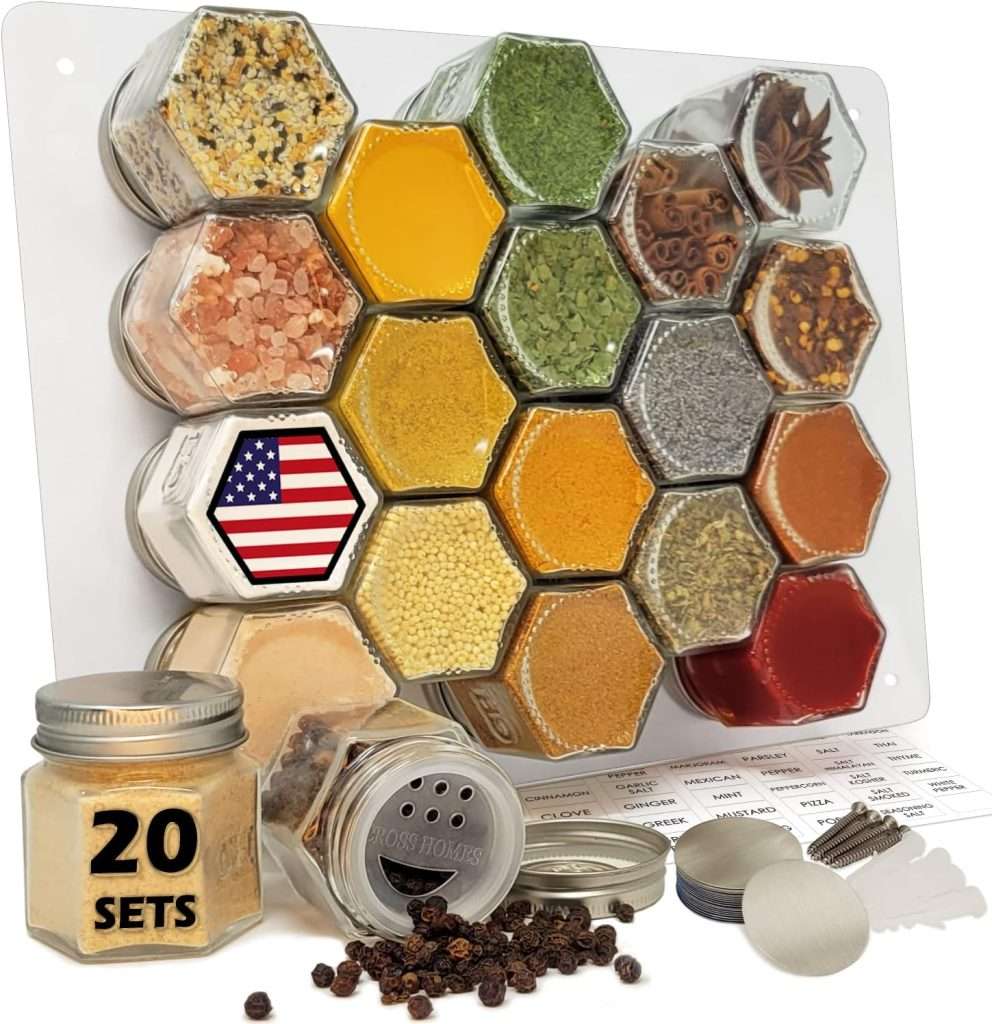 magnetic hexagon spice jars with magnetic board and labels