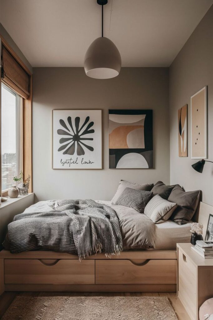 Narrow tiny bedroom with built-in storage bed